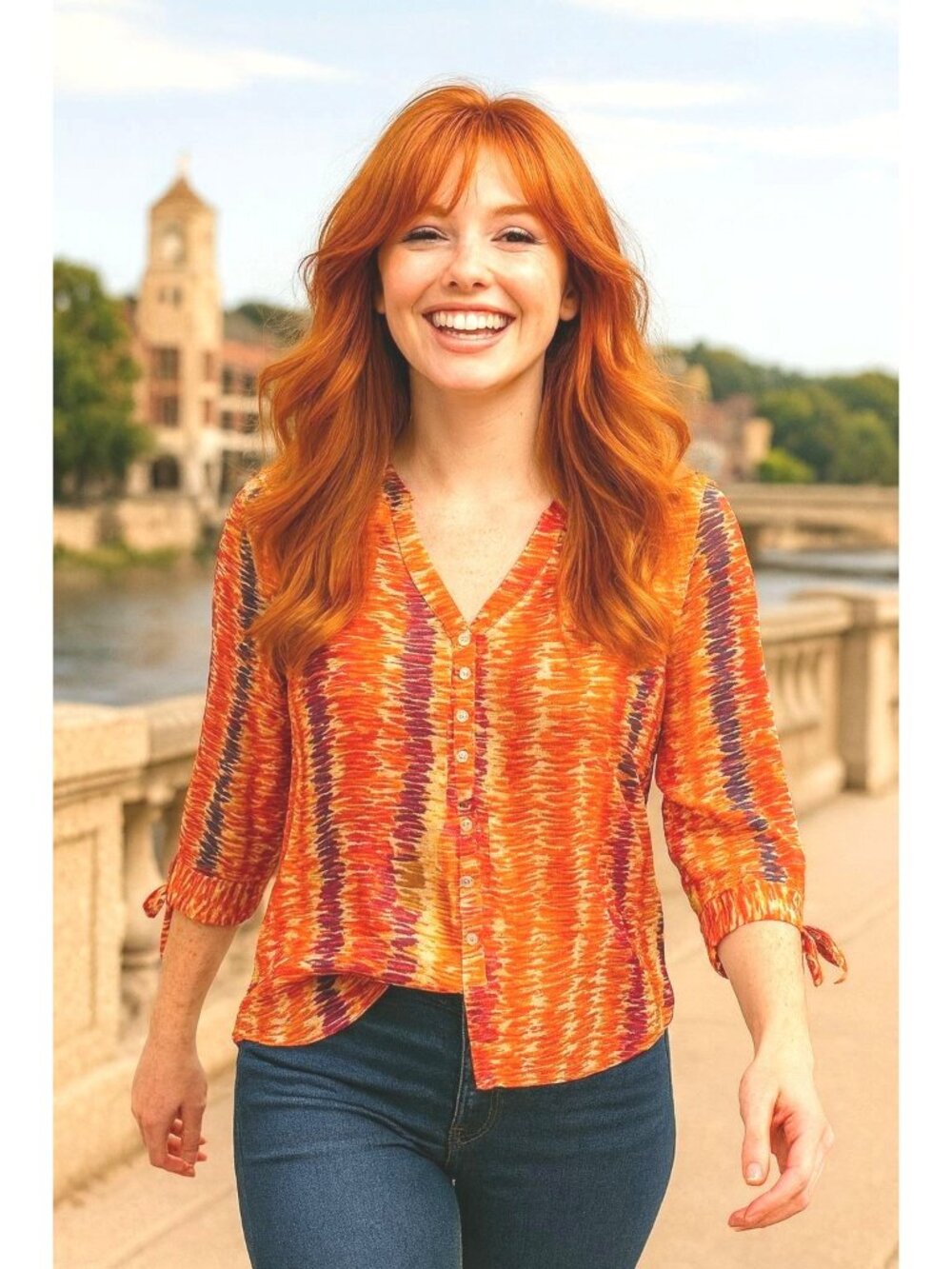 Coldwater Creek Med Orange Multicolor Tie Sleeve Blouse Relaxed Boho Style Sheer